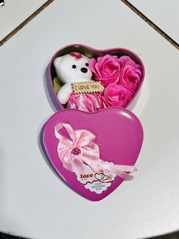 Rose & teddy in Heart Shape Container