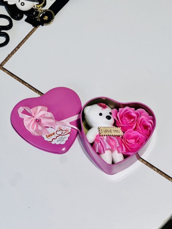 Rose & teddy in Heart Shape Container